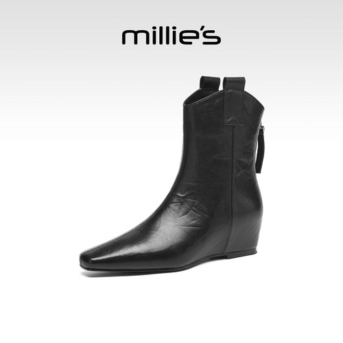 MILLIE'S/妙丽2025新款秋冬复古方头绑带长靴女高筒骑士靴马丁靴Z - 图0