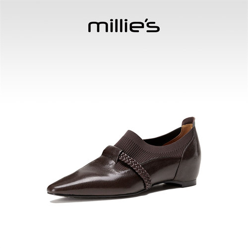 MILLIE'S/妙丽真皮内增高尖头法式单鞋新款袜口编织一脚蹬小皮鞋 - 图2