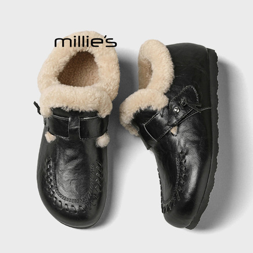 MILLIE'S/妙丽毛绒勃肯鞋女冬季新款加绒保暖一脚蹬厚底休闲棉鞋Q - 图3