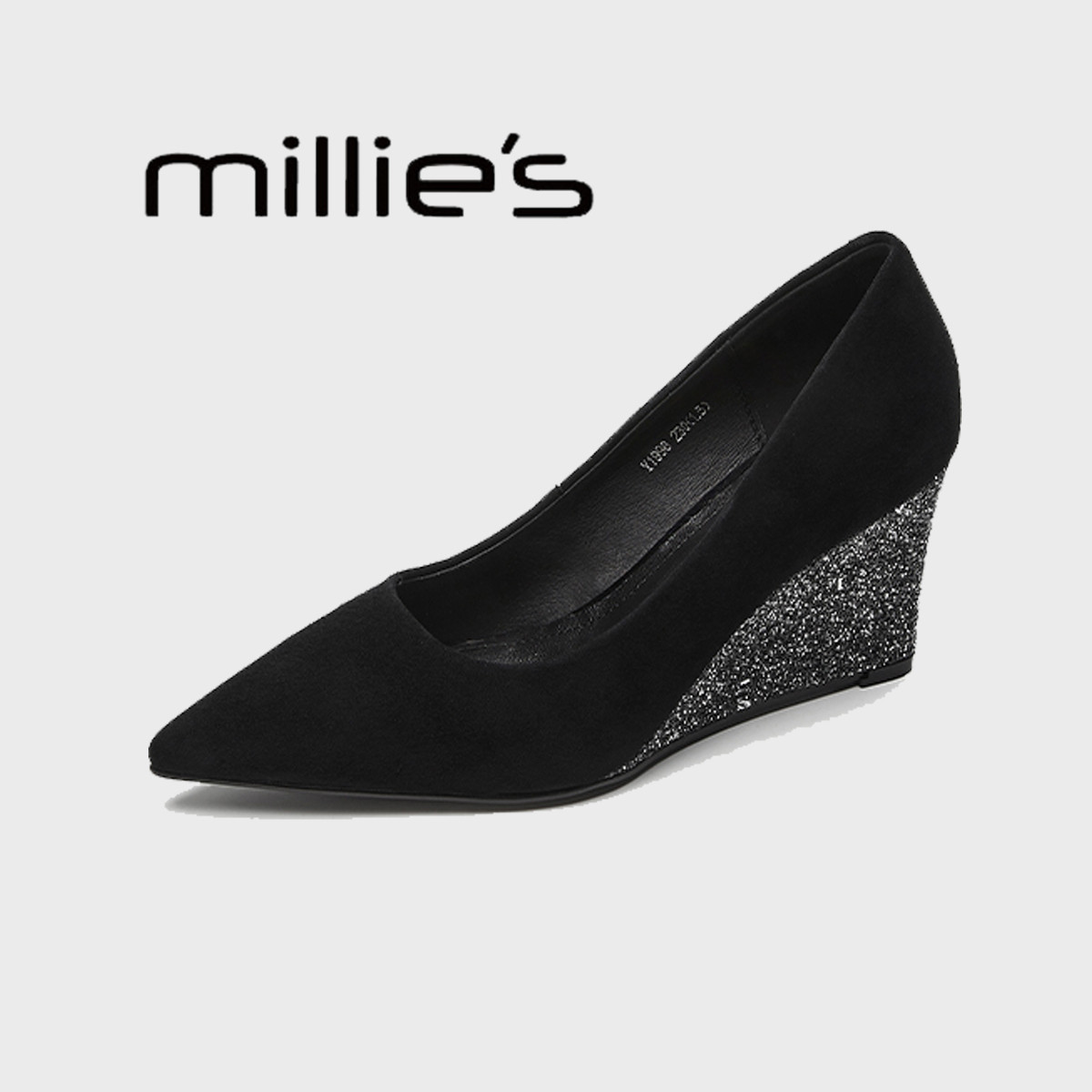 MILLIE'S/妙丽2025新款高跟鞋女坡跟尖头气质黑色内增不累脚单鞋,淘宝优惠券,粉丝福利购,淘宝优惠卷