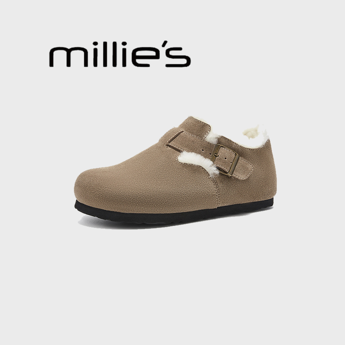 MILLIE'S/妙丽圆头平底毛茸茸羊毛一体保暖软底舒适勃肯女鞋冬季,淘宝优惠券,粉丝福利购,淘宝优惠卷