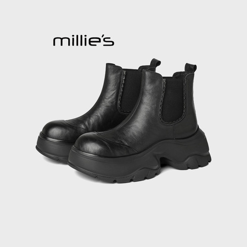 MILLIE'S/妙丽冬季新款厚底加绒增高休闲百搭马丁靴女英伦风短靴Q - 图1