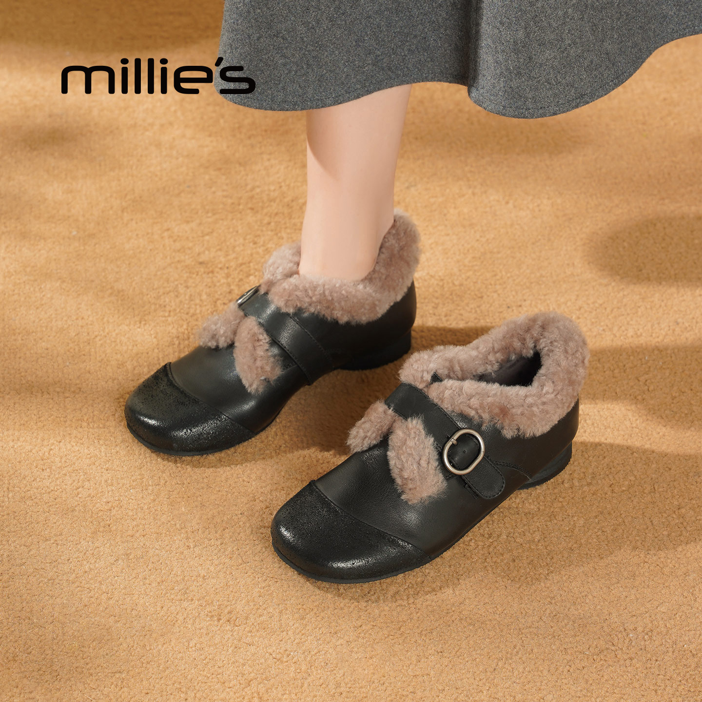 MILLIE'S/妙丽加绒乐福鞋女冬季保暖一脚蹬棉鞋真皮平底小皮鞋Z - 图1