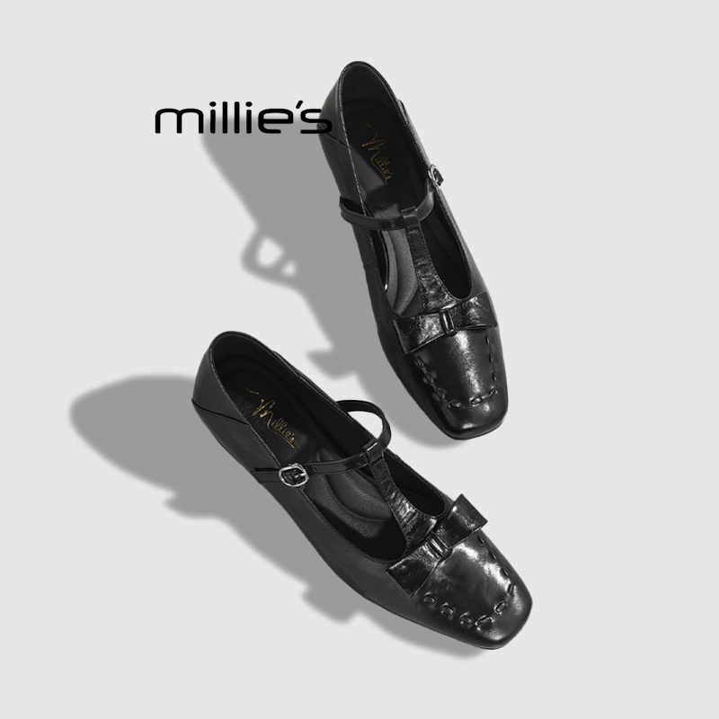 MILLIE'S/妙丽复古蝴蝶结玛丽珍鞋2025新款小皮鞋方头浅口单鞋女 - 图0
