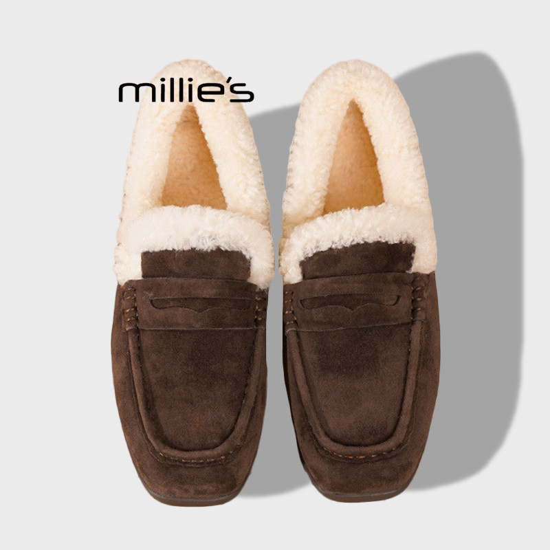 MILLIE'S/妙丽法式平底懒人一脚蹬加绒乐福鞋女外穿毛绒豆豆鞋冬Q,淘宝优惠券,粉丝福利购,淘宝优惠卷