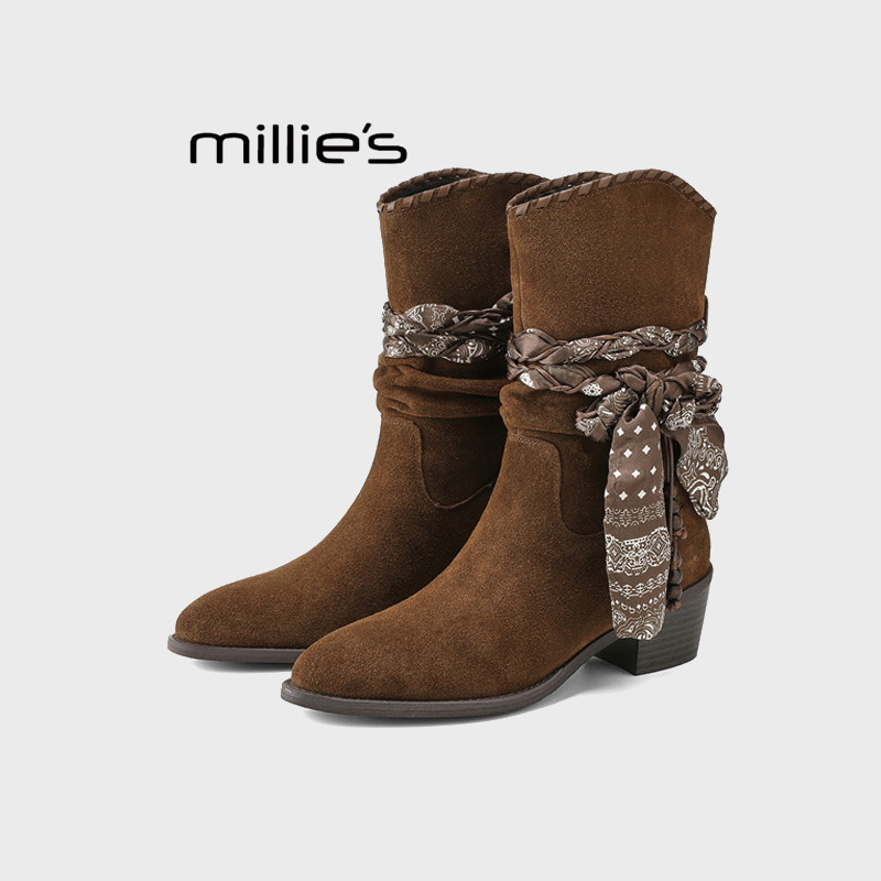 MILLIE'S/妙丽棕色麂皮堆堆靴女丝巾绑带西部风中筒靴不累脚短靴Z,淘宝优惠券,粉丝福利购,淘宝优惠卷