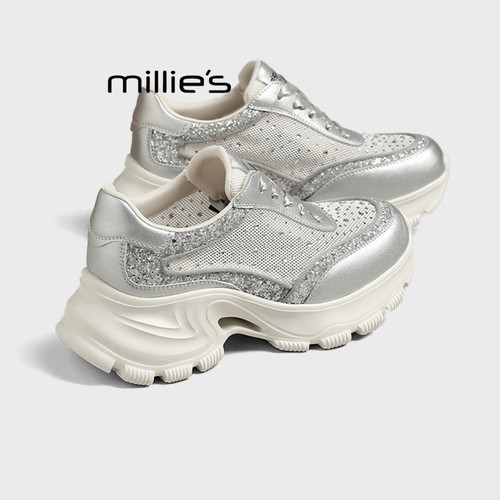 MILLIE'S/妙丽2026夏季透气薄款老爹鞋女网面水钻厚底绝美休闲鞋Z - 图0