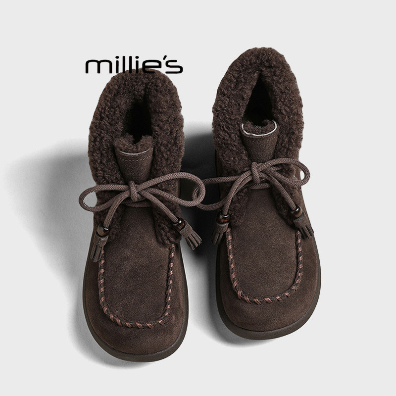 MILLIE'S/妙丽秋冬季加绒加厚保暖系带百搭流苏羊羔毛复古雪地靴Z,淘宝优惠券,粉丝福利购,淘宝优惠卷