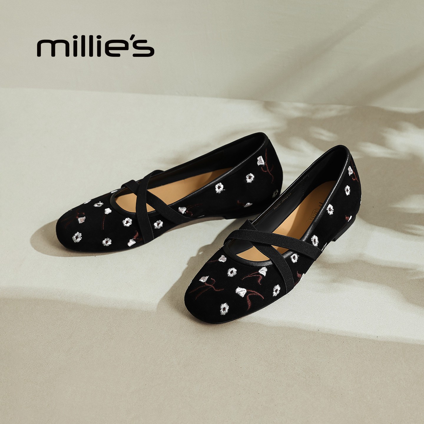 MILLIE'S/妙丽黑色刺绣花朵玛丽珍鞋女交叉带芭蕾舞鞋平底单鞋Z,淘宝优惠券,粉丝福利购,淘宝优惠卷