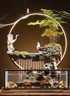 陶瓷假山流水玻璃鱼缸创意摆件客厅办公室桌面循环水生财乔迁礼品