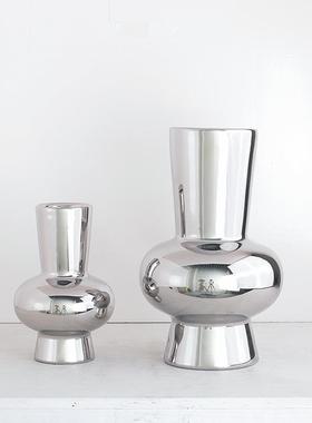 现代轻奢银色电镀陶瓷花瓶摆件客厅餐桌茶几样板房插花家居装饰品