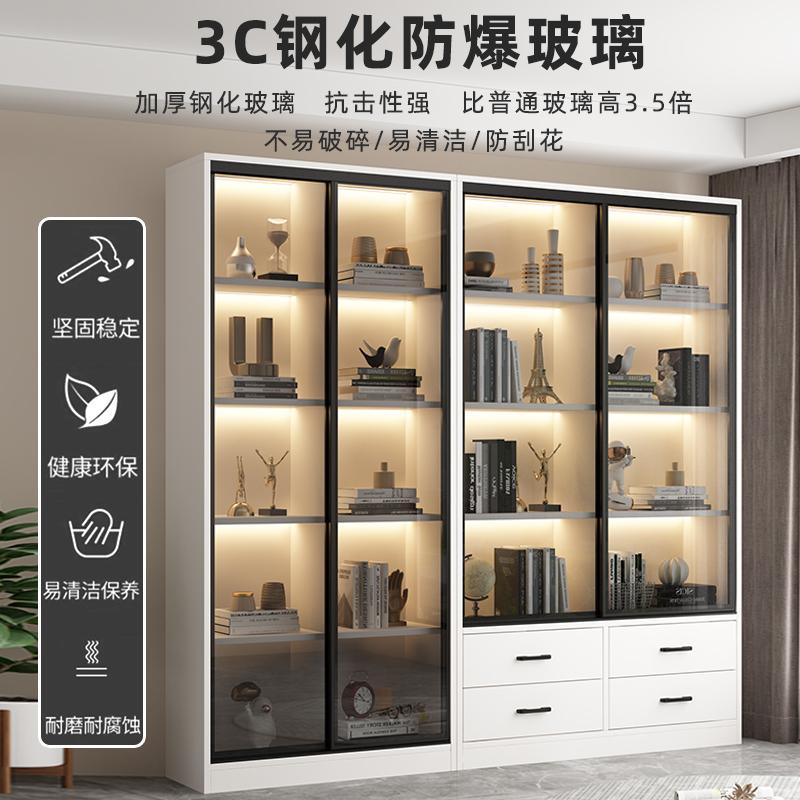 书柜推拉门落地玻璃门组合书架客厅储物展示柜定制轻奢书橱置物柜 - 图0