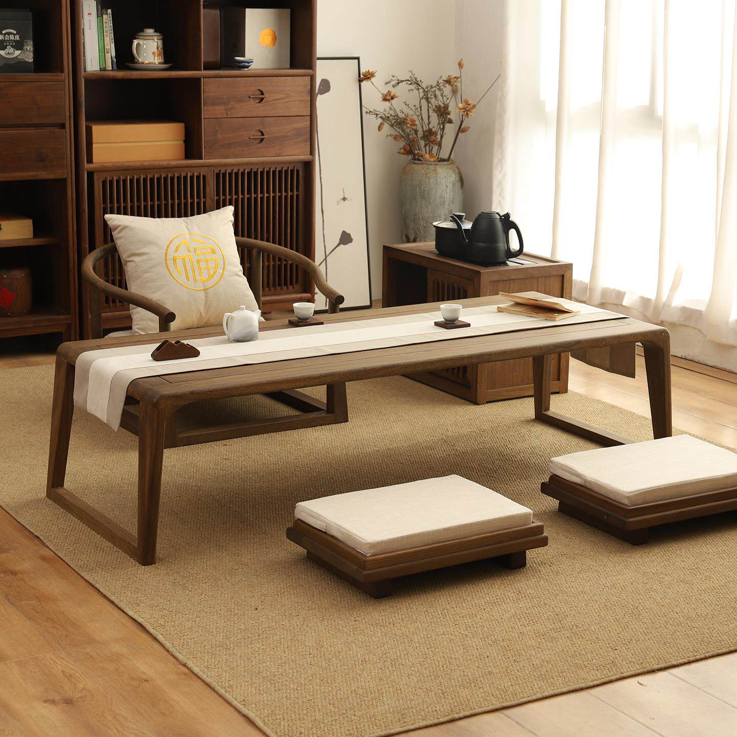 新中式榻榻米茶几阳台茶台地台桌榆木炕几简约矮桌实木茶桌椅组合 - 图0