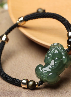 泰莉和田玉情侣小貔恘貔貅手链女皮丘玉石手串男红绳编织青玉手