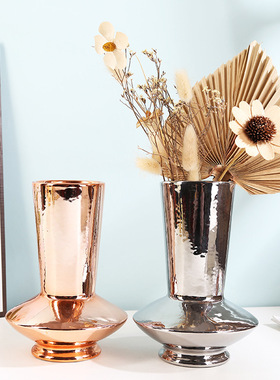 跨境直供几何陶瓷花瓶批发电镀哑光素烧干花花艺花插家居装饰