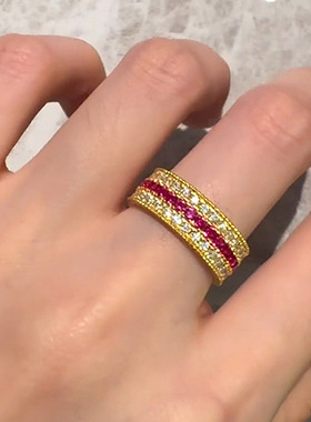 小红书爆款三排闪钻戒爆闪点钻红宝石戒指女天彩色安卡拉红戒指