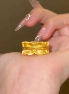 小红书同款手工拉丝金纹理宽面纹理金戒指女复古高级感食女款指戒