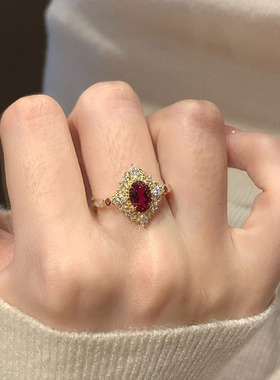 小红书同款复古椭圆红宝戒指高级感独特小众款食指戒指环