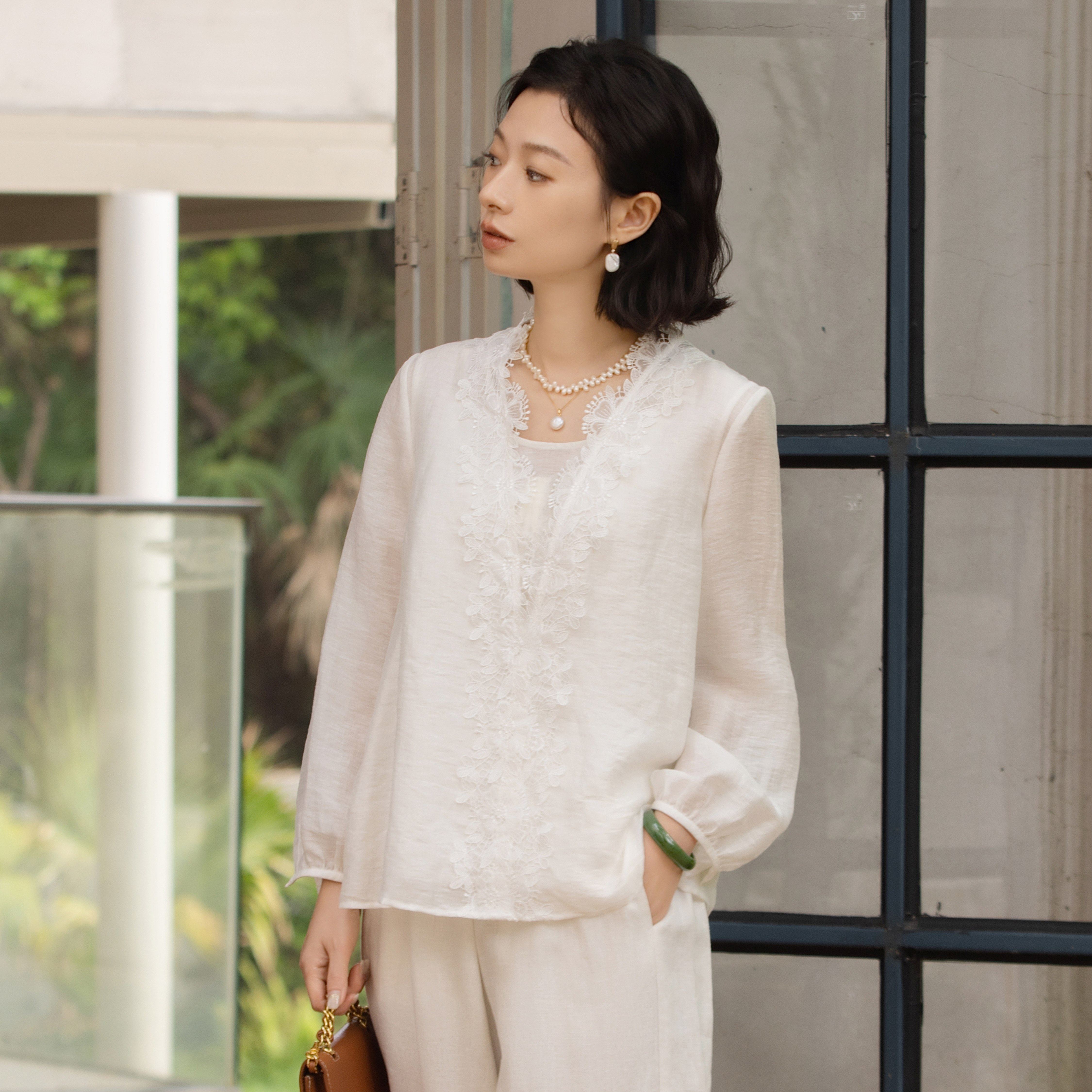 西子/【月光山茶】莱赛尔亚麻法式蕾丝薄款白衬衫女春夏/CSSJ005