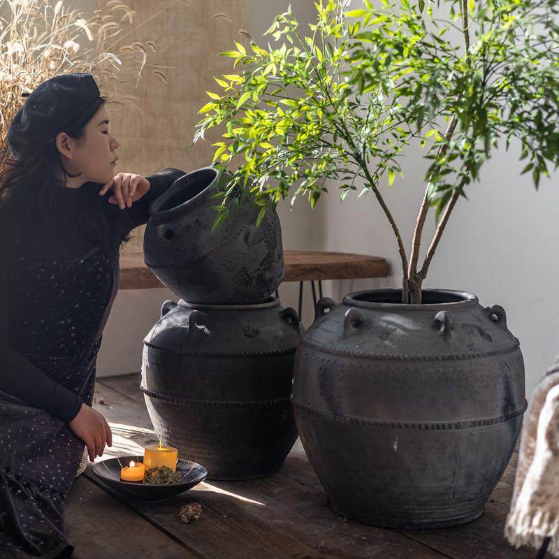 掬涵大肚土陶罐带耳仿古老罐落地花瓶粗陶花器客厅民宿装饰品摆件,淘宝优惠券,粉丝福利购,淘宝优惠卷