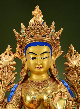 藏村全鎏金《绿度母》宝石镶嵌室内家用《绿多罗观音》铜像摆件