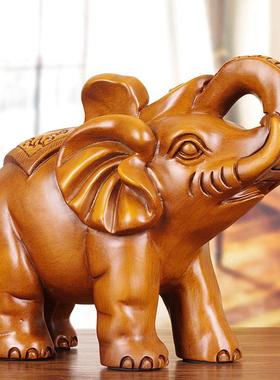 实木雕刻大象摆件一对中式木质财福象摆件玄关柜客厅手工艺品乔迁
