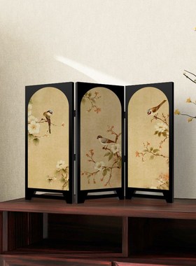 中古风花鸟桌面摆件高级感边柜电视柜可折叠小屏风装饰品创意礼品