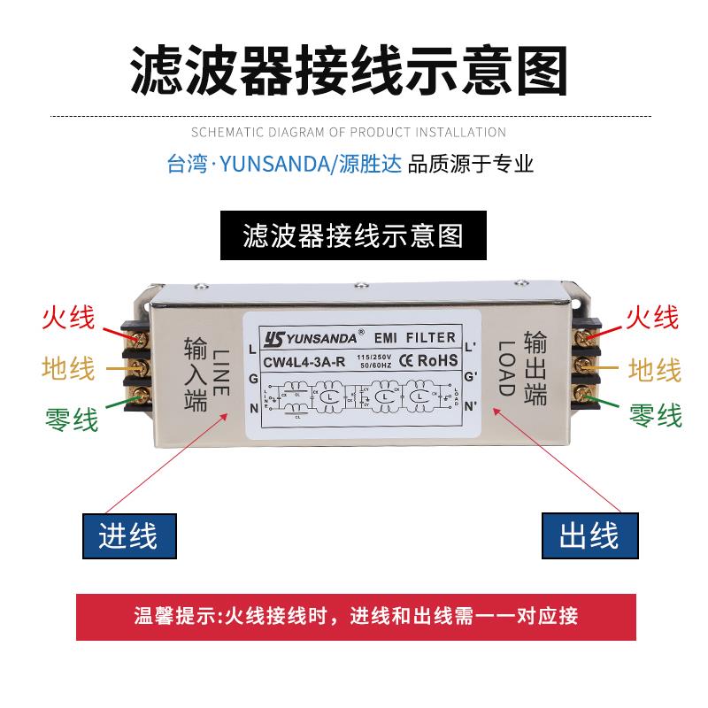 YUNSANDA滤波器220v抗干扰单相四级交流电源EMI滤波器CW4L4-20A-R - 图2