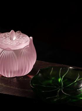 家用佛堂圣水杯供佛观音大悲水杯古法琉璃莲花供水杯荷叶底座贡杯