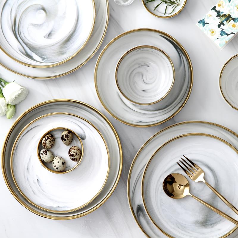 北欧风金边大理石碗碟套装家用陶瓷碗盘子网红碗筷轻奢餐具组合 - 图2
