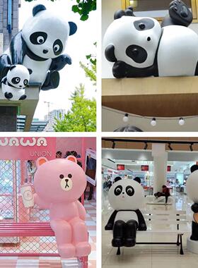 户外网红店爬墙打卡通熊猫屋顶装饰门头玻璃钢雕塑壁挂拍照大摆件