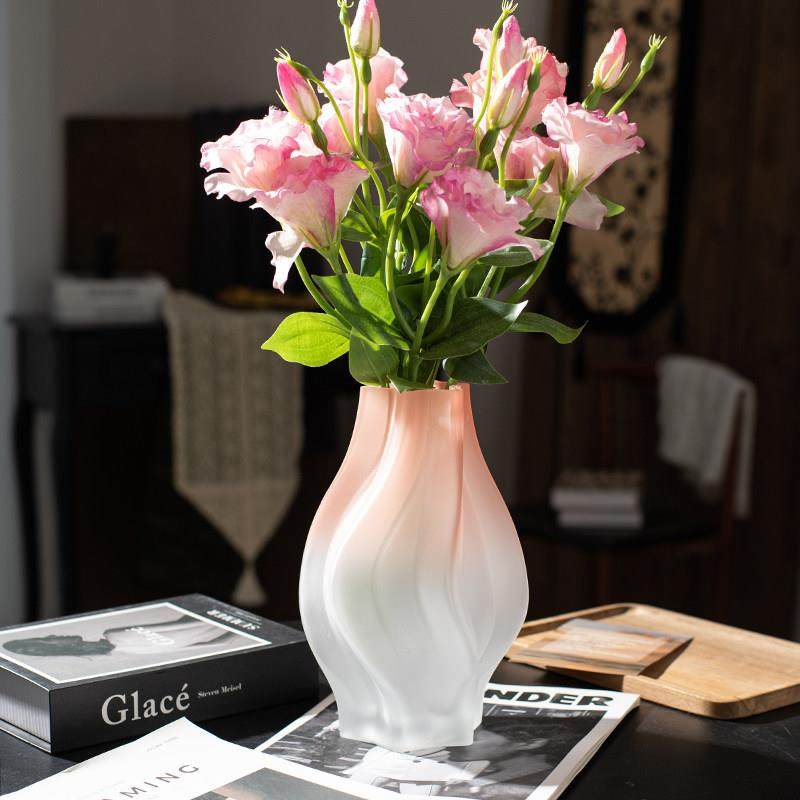 花瓶设计感小众磨砂玻璃粉色扭纹高级感创意客厅餐桌插花艺术摆件,淘宝优惠券,粉丝福利购,淘宝优惠卷