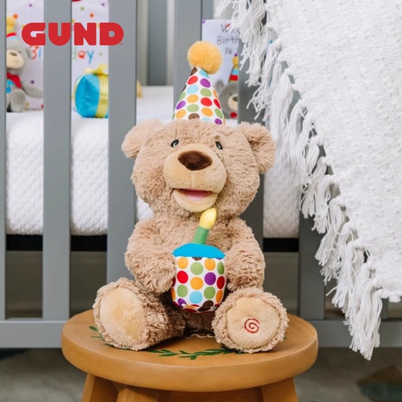 Gund生日快乐小熊声动毛绒玩偶会唱生日快乐歌吹蜡烛生日礼物玩偶