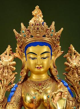 藏村全鎏金《绿度母》宝石镶嵌室内家用《绿多罗观音》铜像摆件