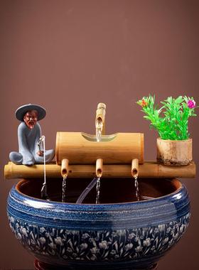 鱼滤池循环水景观摆件简约现代创意竹流水陶瓷缸氧合