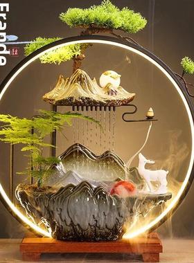 弗兰德陶瓷新中国风高端财富客厅办公室桌面假山循环水摆件铁艺