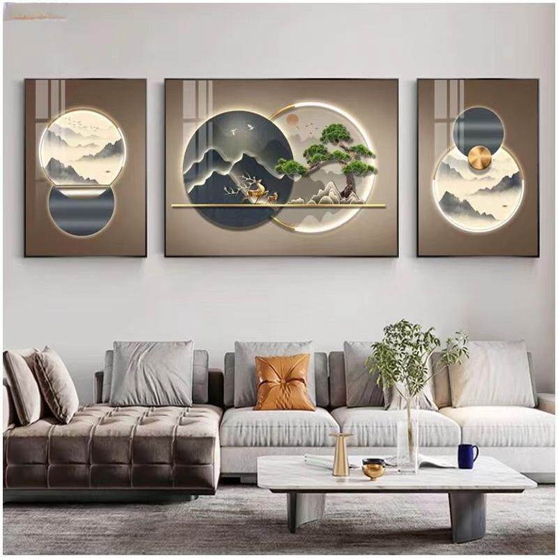 客厅沙发背景墙三联壁画山水画新中式装饰画轻奢高级感迎客松挂画