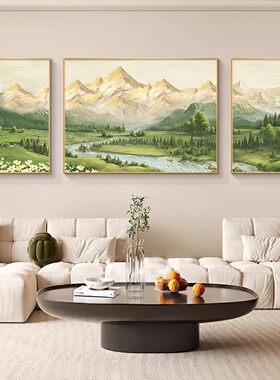 日照金山客厅装饰画奶油风沙发背景墙挂画山水风景晶瓷画三联壁画