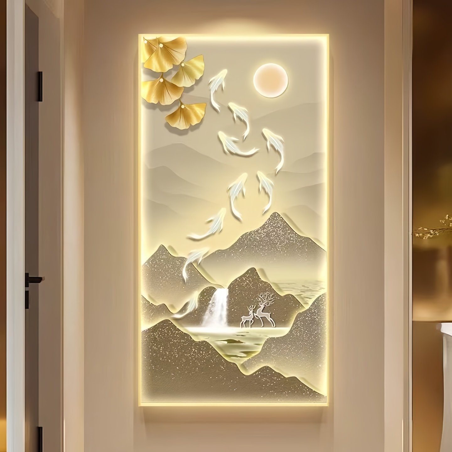 现代轻奢入户玄关装饰画麋鹿九鱼图大气过道壁画走廊尽头挂画灯画,淘宝优惠券,粉丝福利购,淘宝优惠卷