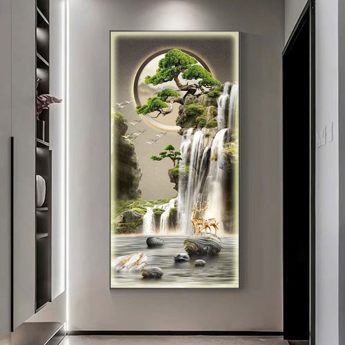 流水生财轻奢高端玄关画入户门装饰画新中式山水风景LED带灯壁画 - 图2