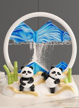 流沙绘画装饰品自动翻转休闲3D艺术熊猫创意减压沙漏客厅家居配件