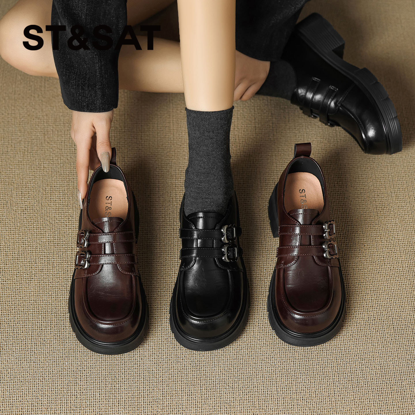星期六厚底乐福鞋女2026新款双扣带小皮鞋时尚百搭增高通勤休闲鞋,淘宝优惠券,粉丝福利购,淘宝优惠卷
