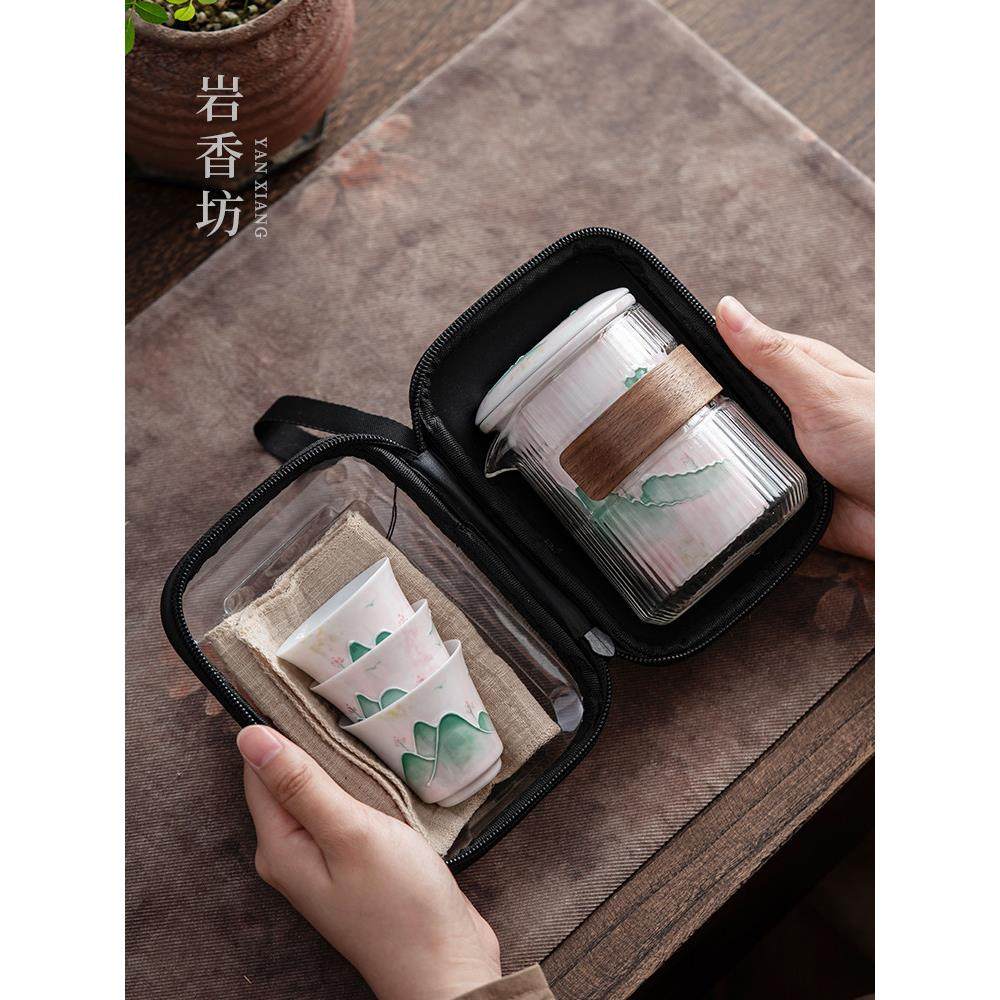 岩香坊白瓷手绘山水釉下彩玻璃旅行茶具陶瓷中式便捷旅行快客杯,淘宝优惠券,粉丝福利购,淘宝优惠卷