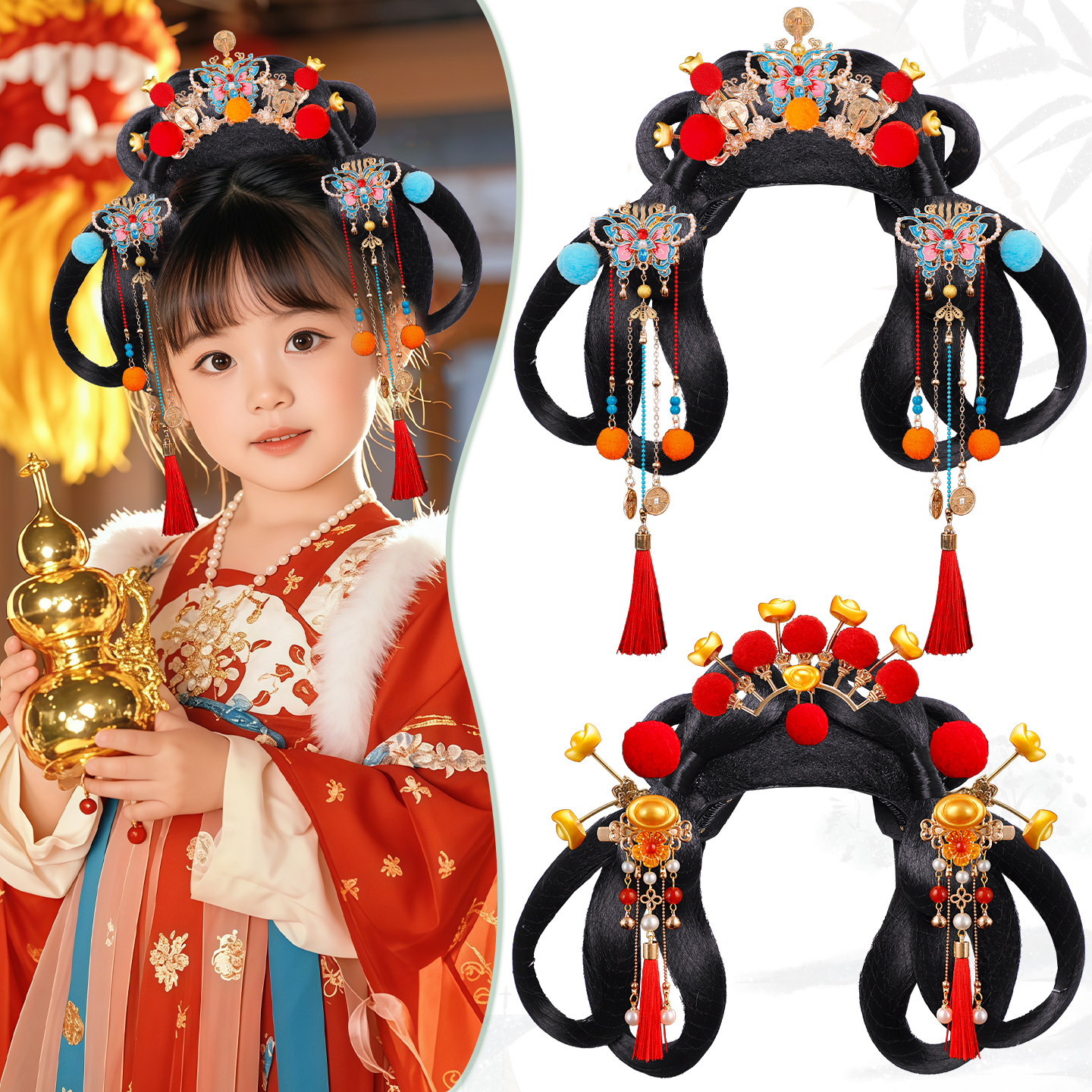 古风汉服头饰女童一体式全套发髻新年喜庆头饰演出假发发包组合,淘宝优惠券,粉丝福利购,淘宝优惠卷