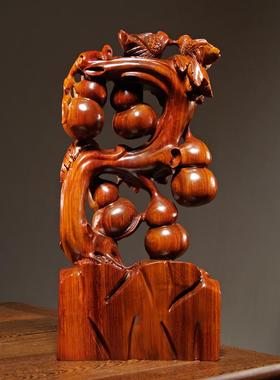 花梨实木雕刻五福临门葫芦摆家居客厅电视柜博古架装饰红木工艺品