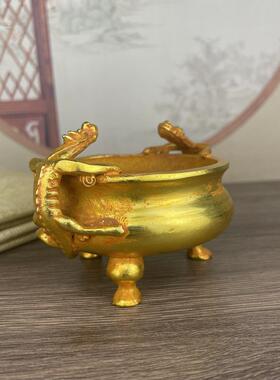 做旧仿古鎏金双貔貅笔洗摆件 复古新中式家居书房办公室三足笔掭