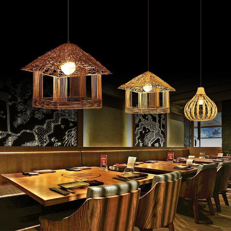 藤编复古吊灯餐厅民宿藤艺鸟巢灯日式饭店餐馆草帽灯罩竹艺竹编灯 - 图0