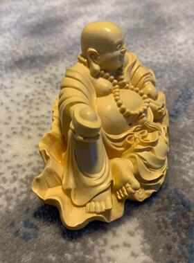 黄杨木雕刻荷叶元笑佛弥勒佛像工艺饰品文玩居家汽车摆件
