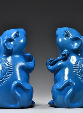 蓝色实木质老鼠摆件木头雕刻十二生肖鼠吉祥物房屋补角木制装饰品