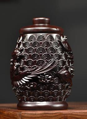 黑檀木龙凤茶叶罐家用圆形实木雕刻创意中式仿古茶叶盒茶叶桶摆件